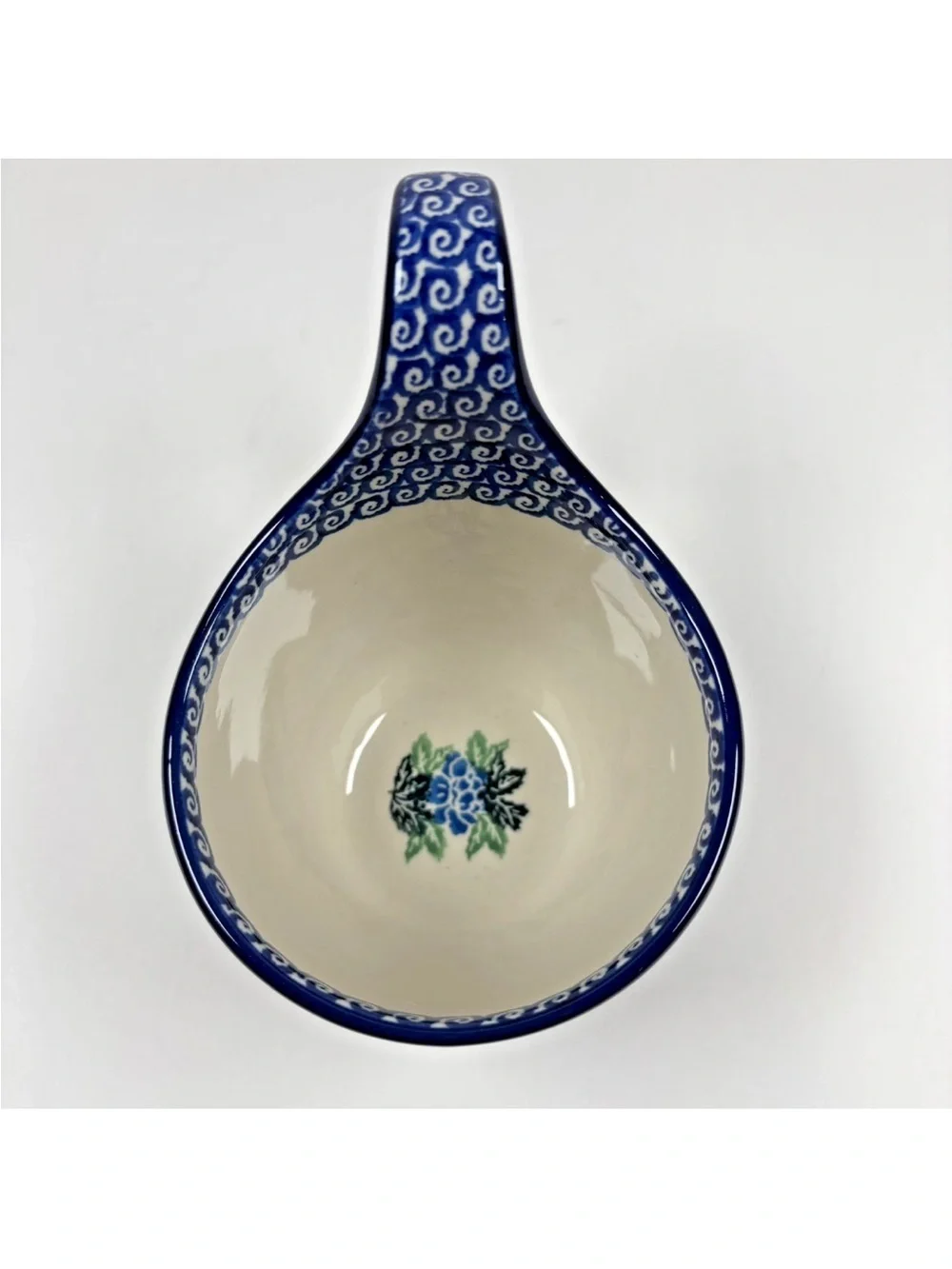 Polish Pottery Soup Bowl Loop Handle Cobalt Blue Green Floral Leaf Boleslawiec